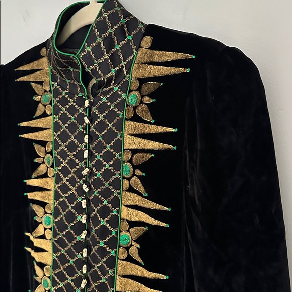 Rare Vintage Nina Morris London Black Velvet Painted Maxi Dress w/ Skull Buttons - Picture 4 of 16